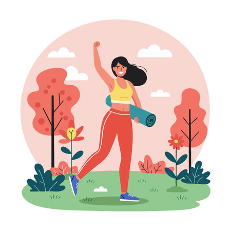 Woman hiking outdoors carrying a yoga mat amid autumn trees and flowers under a clear sky, creating an energetic and peaceful mood.のイラスト素材