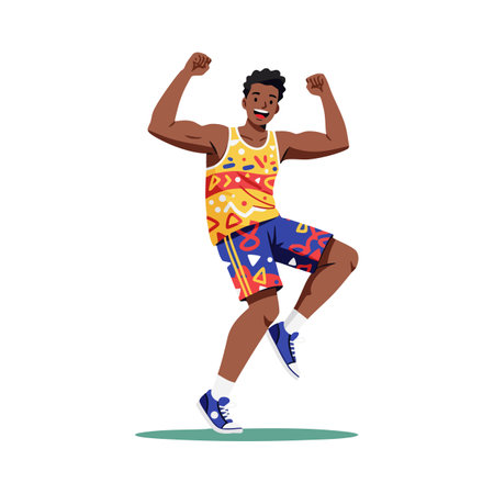 Illustration shows a joyful young man dancing energetically wearing bright patterned clothes and sneakers on white background, lively mood.のイラスト素材