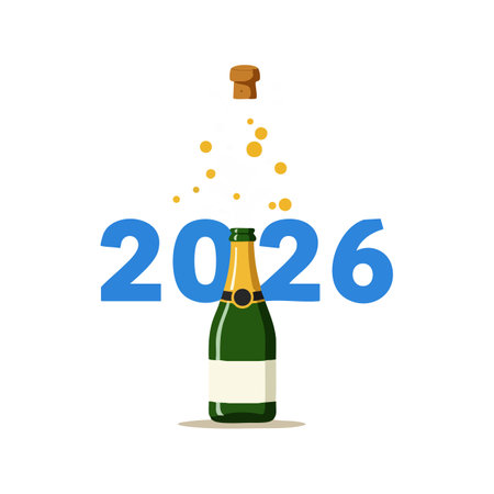 Illustration of a champagne bottle popping cork with bubbles and 2026 numbers, symbolizing...