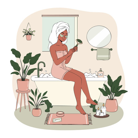 Woman sits on a bathtub wrapped in towel with towel on head, holding a leaf, surrounded by houseplants and candles in cozy bathroom setting, calm mood.のイラスト素材