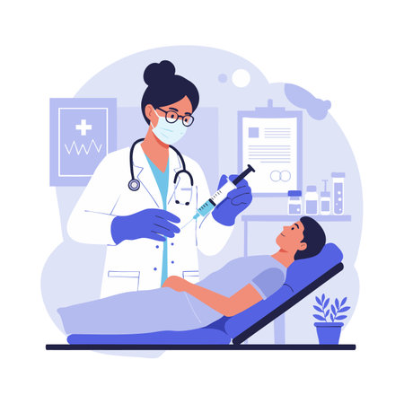A female doctor wearing a mask prepares an injection for a reclining patient in a medical clinic setting, creating a calm atmosphere.のイラスト素材