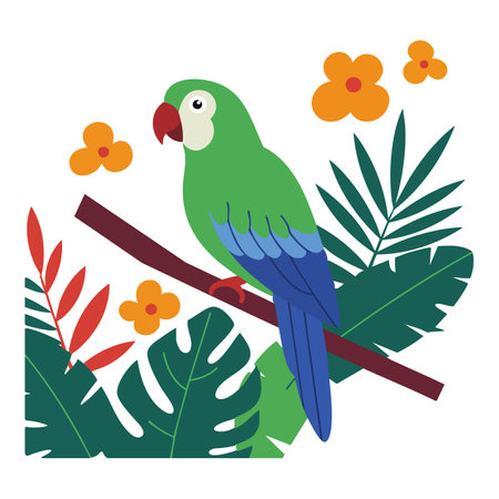 Vector shows a green parrot sitting on a branch surrounded by tropical leaves and bright orange flowers in flat style, colorful and cheerful.のイラスト素材