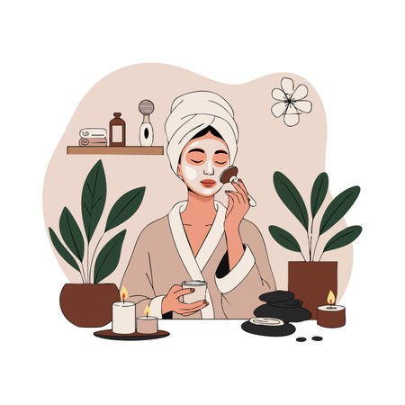 Woman with towel on head applies facial mask surrounded by candles, plants, and spa items in a serene setting. Relaxed mood.のイラスト素材