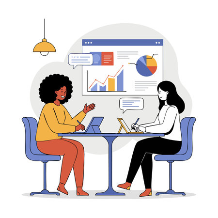 Two colleagues collaborate at a table while analyzing charts and graphs on screen, fostering teamwork and productivity in a modern office setting. Professional mood.のイラスト素材