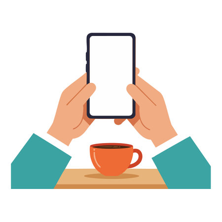 This vector shows hands holding a smartphone above a coffee cup on a table in a clean style, highlighting digital and leisure themes. Calm mood.のイラスト素材