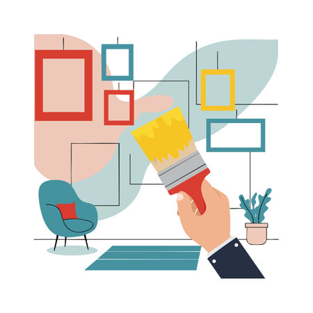 Illustration shows hand holding paintbrush decorating walls with colorful frames in a modern living room featuring chair and plant, calm mood.のイラスト素材