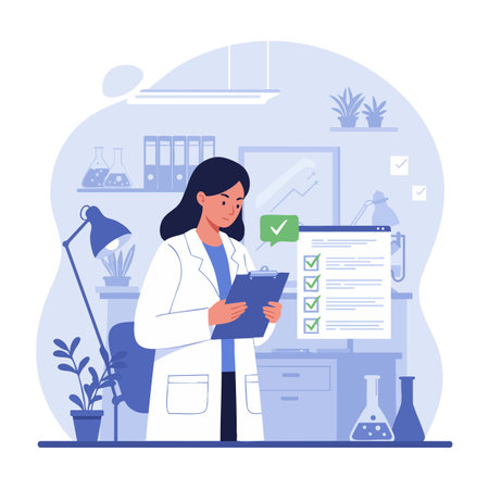 Female scientist reviews checklist on clipboard in a laboratory with scientific equipment and plants, displaying a calm and focused mood.のイラスト素材