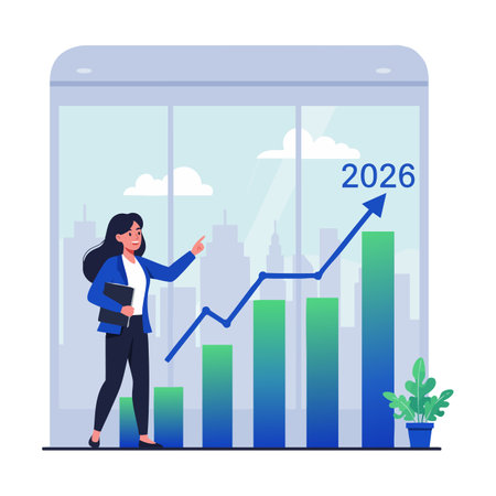 Businesswoman points to a rising bar chart with 2026 growth forecast in a bright office setting, showing optimism and success mood.のイラスト素材