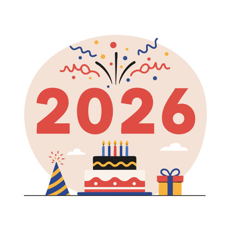 Vector illustration shows 2026 New Year celebration with cake, party hat, gift box, and fireworks in festive setting. Cheerful mood.のイラスト素材