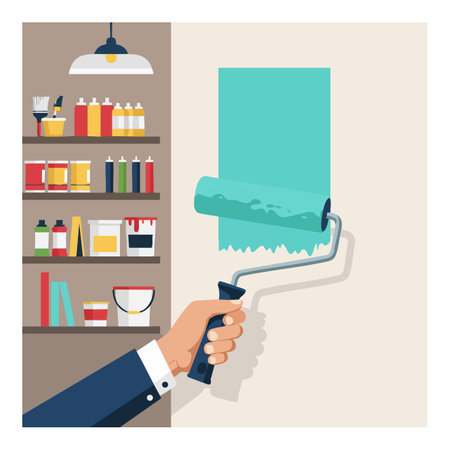 Vector illustration shows hand holding paint roller applying blue paint on wall with paint bottles and containers in background, creative mood.のイラスト素材