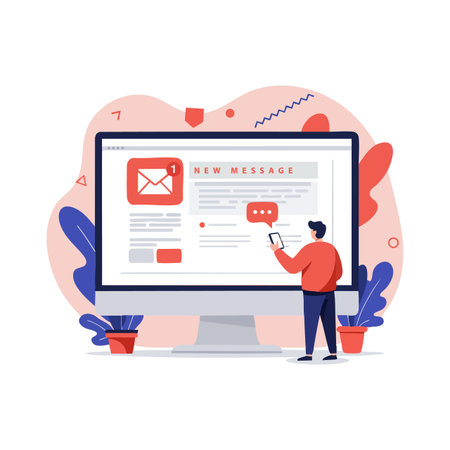 Illustration shows a person interacting with a computer displaying a new message notification in red and blue colors, creating a modern tech vibe.のイラスト素材