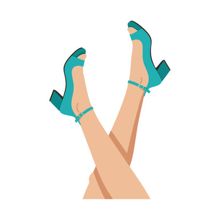 Vector illustration shows female crossed legs wearing turquoise high heel shoes in portrait orientation. The style is simple and modern, elegant mood.のイラスト素材