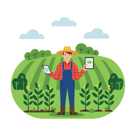 Farmer stands in green field holding two digital tablets showing agricultural data under a cloudy sky, representing modern farming. Calm mood.のイラスト素材