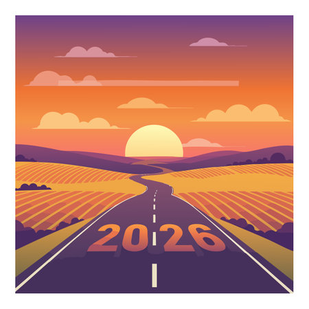Vector illustration shows a winding road toward a sunset with fields in orange and purple hues, creating a calm and hopeful mood.のイラスト素材