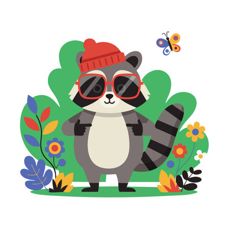 Cute raccoon with red hat and sunglasses stands among colorful plants and a butterfly in a playful, cheerful scene. Bright and friendly mood.のイラスト素材