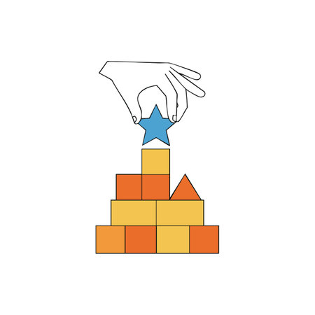 A hand places a blue star on top of an orange and yellow block pyramid, symbolizing achievement and success in a minimal style. Calm and focused.のイラスト素材