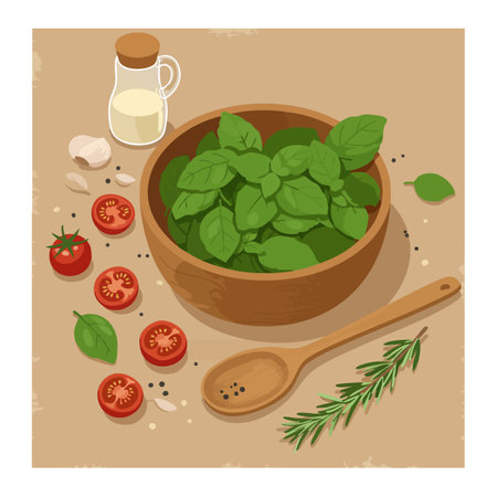 Illustration shows fresh green basil leaves in wooden bowl with tomatoes, rosemary, garlic, and milk bottle on beige surface, natural mood.のイラスト素材