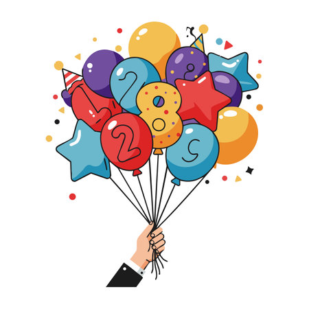 Hand holds a bunch of colorful birthday balloons with numbers and stars in a festive arrangement, creating a joyful mood.のイラスト素材