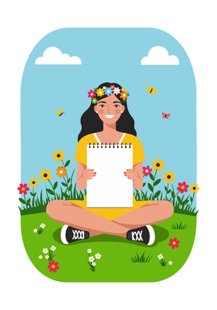 Illustration shows a young woman with dark hair and flower crown sitting cross legged on green grass holding blank paper in bright daylight mood.のイラスト素材