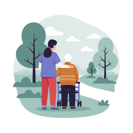 Illustration shows a caregiver supporting an elderly person using a walker on a park path with trees and clouds, creating a calm and caring mood.のイラスト素材