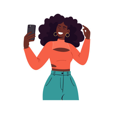 Illustration of young woman smiling while taking selfie with smartphone wearing orange top and teal pants in portrait orientation. Cheerful mood.のイラスト素材