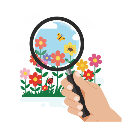 Illustration shows a hand holding a magnifying glass focusing on flowers, butterfly, and ladybug in daylight, creating a cheerful mood.のイラスト素材