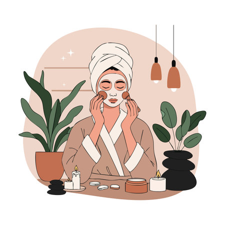 A woman wearing a towel and robe applies facial cream surrounded by plants, candles, and warm lighting in a relaxing spa environment. Calm mood.のイラスト素材