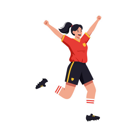 Illustration of a female soccer player jumping and cheering with arms raised, dressed in a red jersey and black shorts, energetic mood.のイラスト素材