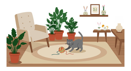 A gray cat plays with a colorful yarn ball in a cozy living room featuring green plants, beige armchair, and wooden furniture. Calm atmosphere.のイラスト素材