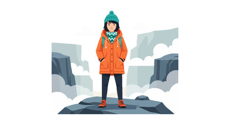 A young woman in an orange coat and teal winter hat stands on rocks near a waterfall, surrounded by...