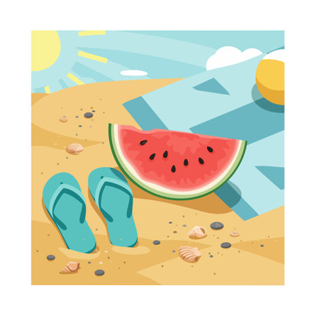 Vector illustration shows a watermelon slice, blue sandals, seashells, and a towel on a sunny beach with bright sky and warm mood.のイラスト素材
