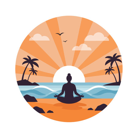 Silhouette meditates on the beach at sunset with palm trees, waves, and birds, creating a peaceful and calming atmosphere. Serene mood.のイラスト素材