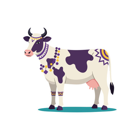 This vector shows a cow with purple and yellow decorative patterns standing calmly on a blue patch of ground. The image is colorful and calm.のイラスト素材