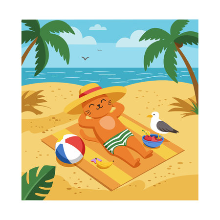 A content cat wearing a sun hat relaxes on a beach towel near palm trees and a seagull with ocean waves in the background. Cheerful mood.のイラスト素材