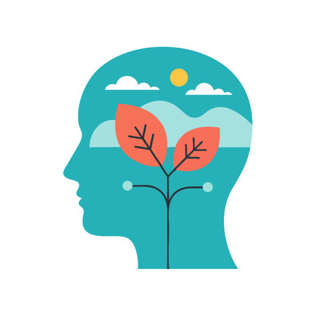 Vector illustration shows a human head silhouette with a plant and mountain landscape inside, symbolizing mental growth and nature connection. Calm mood.のイラスト素材