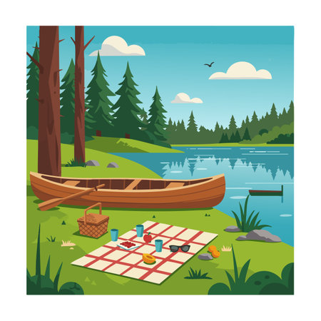 Illustration shows a wooden canoe next to a picnic blanket with glasses and basket by a calm lake surrounded by pine trees under a clear sky peaceful mood.のイラスト素材