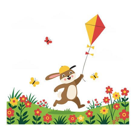 A cheerful bunny runs through a vibrant flower field holding a yellow and red kite with butterflies flying nearby. Playful and bright scene.のイラスト素材