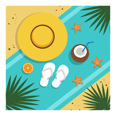 Top view of summer beach scene with yellow hat, white flip flops, coconut drink, starfish, and palm leaves in bright colors, cheerful mood.のイラスト素材