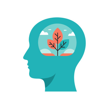 Vector illustration shows human head silhouette with a tree symbolizing growth and mental wellness, conveying positive mindset and development mood.のイラスト素材