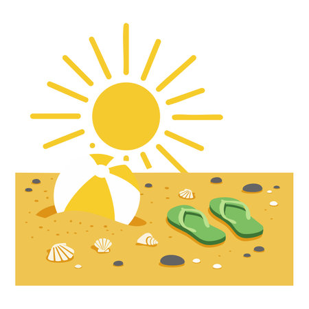 Illustration shows a bright yellow sun, green flip flops, seashells, and sand on a summer beach in a cheerful setting.のイラスト素材