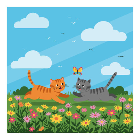 Two cats playfully chase a butterfly in a vibrant flower field beneath a clear blue sky with clouds and birds, creating a joyful scene.のイラスト素材