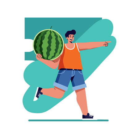 Illustration shows a young man walking confidently while holding a large watermelon, dressed in casual summer clothes, cheerful mood.のイラスト素材