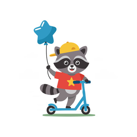 Illustration of a cute raccoon riding a blue scooter while holding a star-shaped balloon, wearing a yellow cap and red shirt, playful and joyful.のイラスト素材