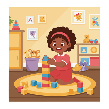 Young girl happily stacking colorful toy blocks in a bright, cozy playroom filled with stuffed animals and playful decorations, cheerful mood.のイラスト素材