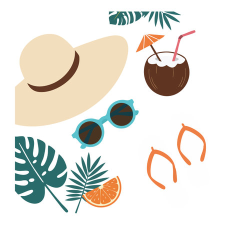 Illustration shows summer accessories including wide brim hat, coconut drink with straw, sunglasses,...