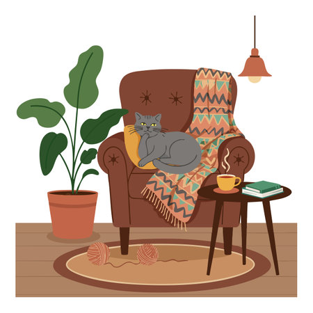 Gray cat lounges comfortably on a brown armchair with a patterned blanket, surrounded by plant, lamp, table, and yarn, creating a cozy mood.のイラスト素材