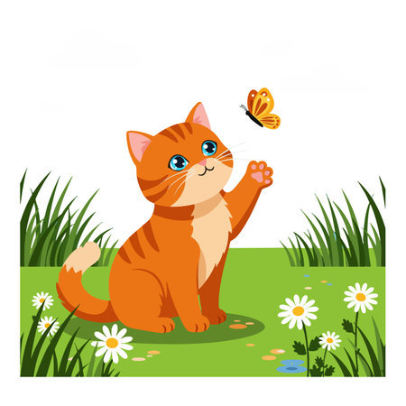 Illustration shows an orange cat reaching out to a butterfly in a green garden with white flowers, creating a playful and lively mood.のイラスト素材