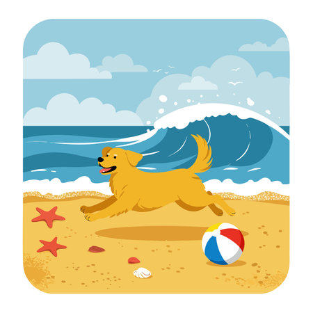 Illustration shows a golden retriever happily running on a sandy beach near starfish and a colorful beach ball under blue sky. Cheerful mood.のイラスト素材