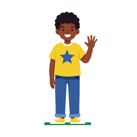 Illustration shows a smiling African American boy in a yellow shirt with a blue star waving his hand in a friendly gesture, cheerful mood.のイラスト素材
