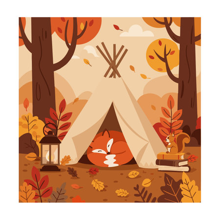 Vector shows fox sleeping inside a tent in an autumn forest with falling leaves, a lantern, and a squirrel reading books. Cozy and calm.のイラスト素材